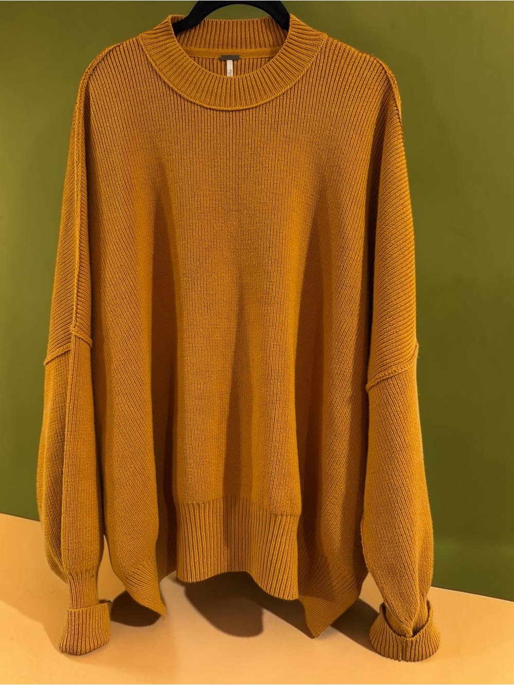 Free People Oversized Ribbed Sweater Mustard Gold Mock Neck Dropped Shoulder